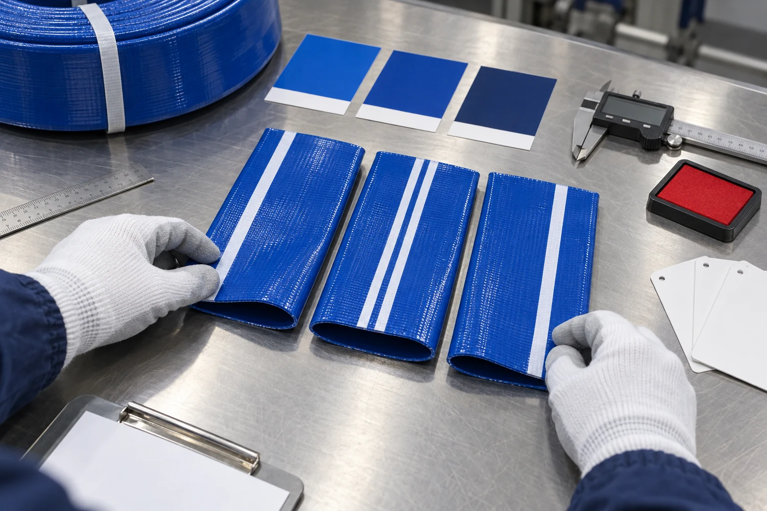 Illustration of three OEM layflat hose samples being checked for print placement and color consistency