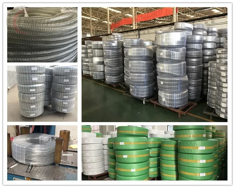 Collage of PVC steel wire hose coils with wrapping and stacked packaging